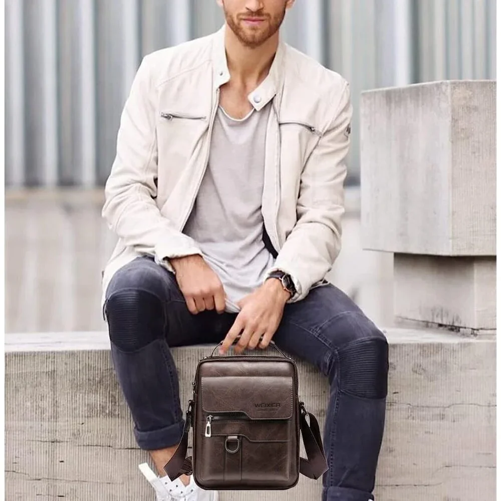 💫 Men Brown Vintage Leather Zipper Buckle Handle Simple Portable Messenger Bags